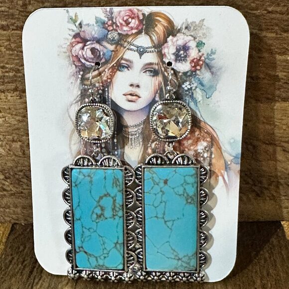 Boho Turquoise Elegance: Crystal-Studded Rectangle Earrings, Gift Box - Picture 4 of 11